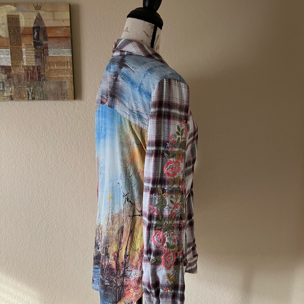 Arata plaid embroidered flowers landscape button down shirt with pin EUC